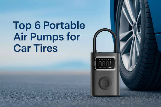 Xiaomi Mijia Air Compressor 2 Pro, the best portable air pump for cars, motorcycles, and bikes, shown beside a car tire with modern blue background and title “Top 6 Portable Air Pumps for Car Tires.”