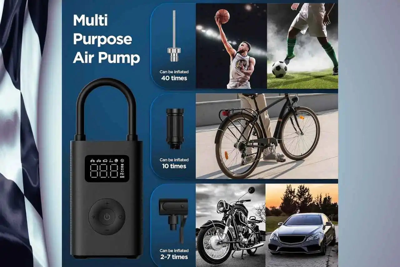 Multi-purpose air pump with images of sports and vehicles on a blue background
