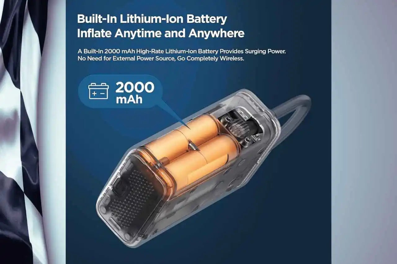 Inflatable device with built-in lithium-ion battery on a blue background
