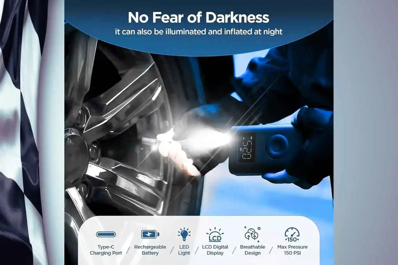 Inflating a tire with a digital air pressure gauge, highlighting features like Type-C charging, rechargeable battery, LED light, LCD display, and max pressure.