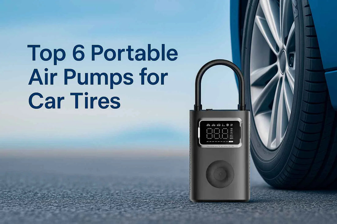 Xiaomi Mijia Air Compressor 2 Pro, the best portable air pump for cars, motorcycles, and bikes, shown beside a car tire with modern blue background and title “Top 6 Portable Air Pumps for Car Tires.”