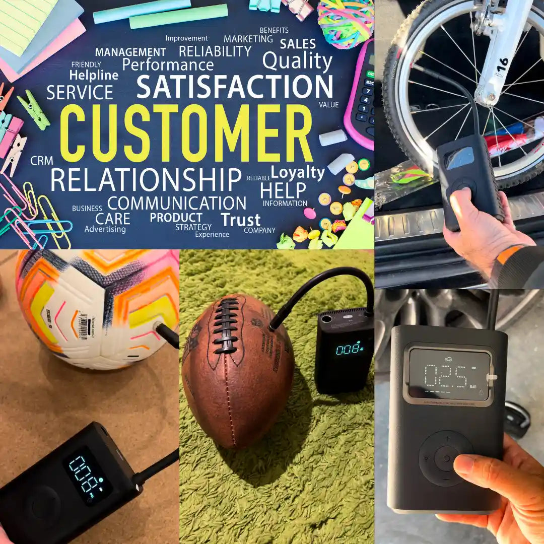 Collage of a book titled 'Customer Relationship Management', a sports ball, a football with a charging cable, and a digital device.