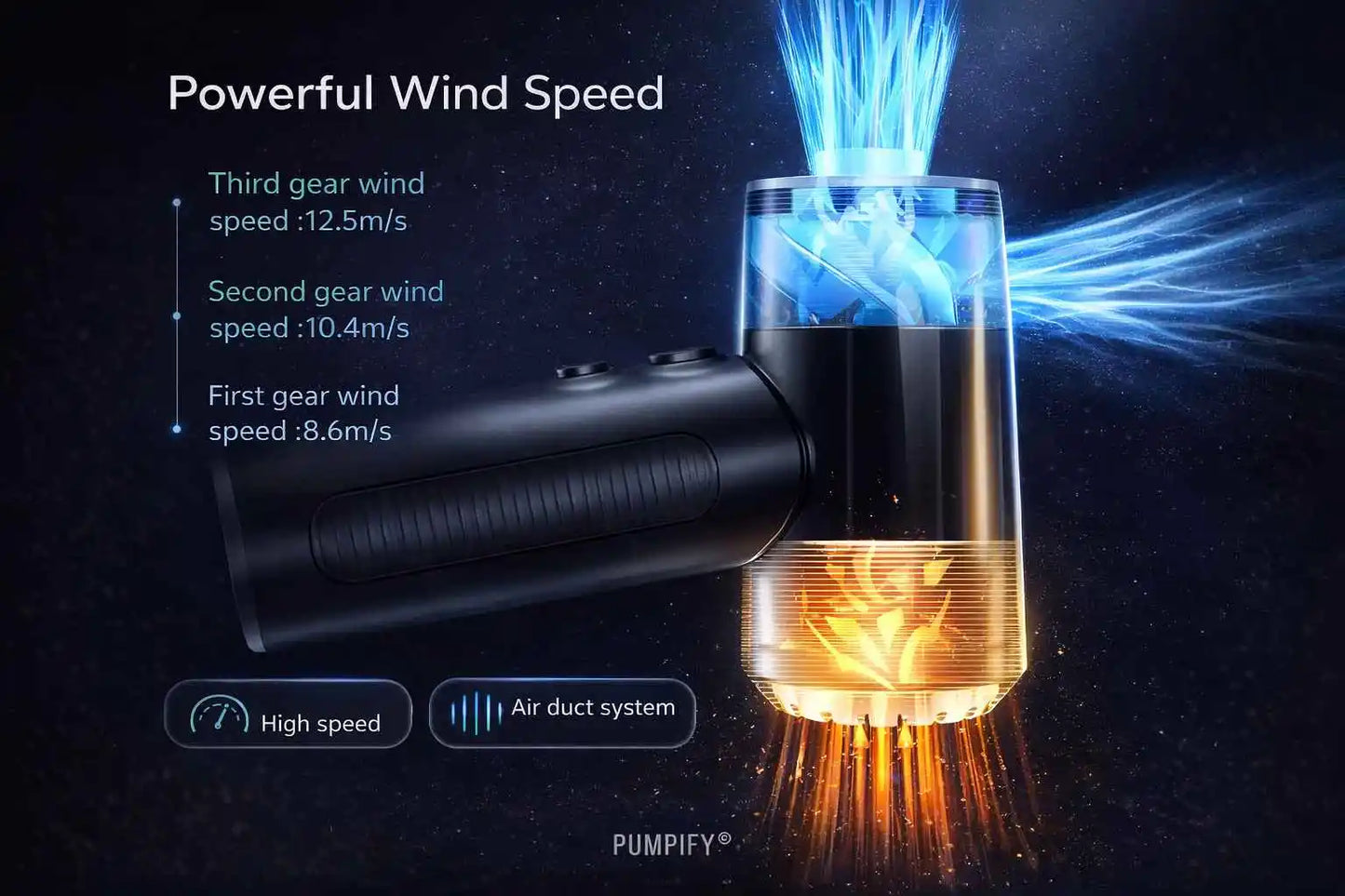 Pumpify air Duster with powerful wind speed features on a dark background