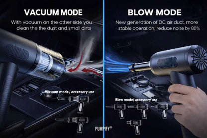 Two modes of a vacuum cleaner tool: vacuum mode and blow mode, with text explaining their functions.