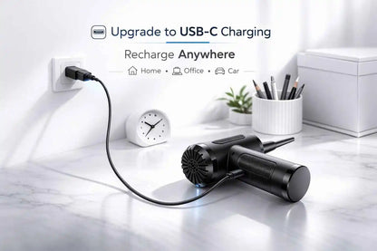Black handheld vacuum cleaner charging on a marble surface with text about USB-C charging.