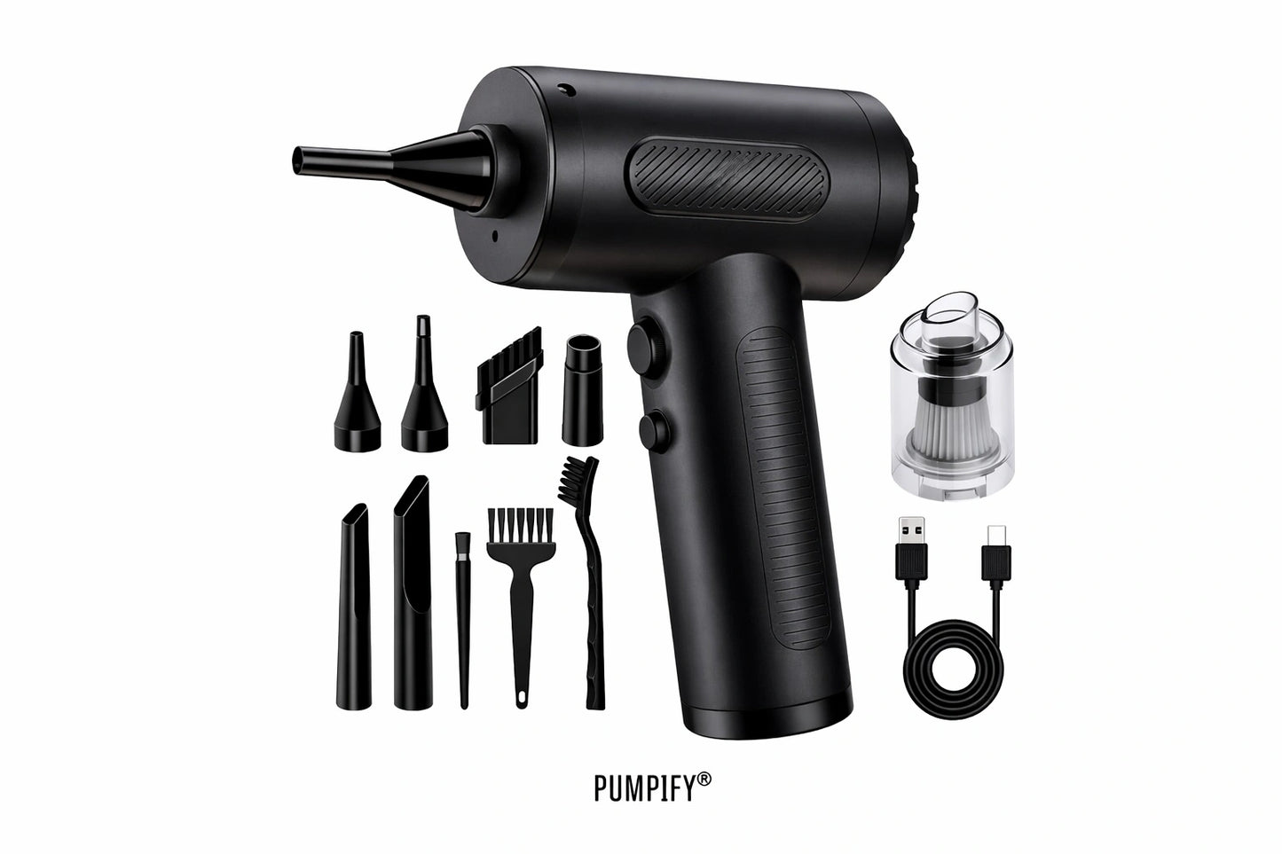 Black handheld device with various attachments and a USB cable on a white background, featuring the brand 'Pumpify'.