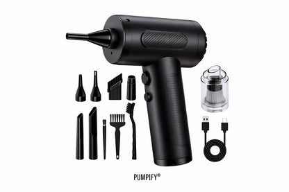 Black handheld device with various attachments and a USB cable on a white background, featuring the brand 'Pumpify'.
