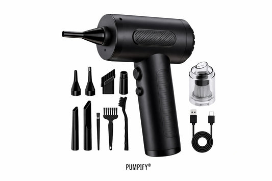 Black handheld device with various attachments and a USB cable on a white background, featuring the brand 'Pumpify'.