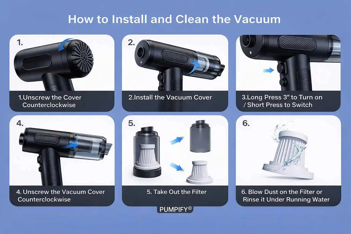 Step-by-step guide on how to install and clean a vacuum cleaner with images and text.