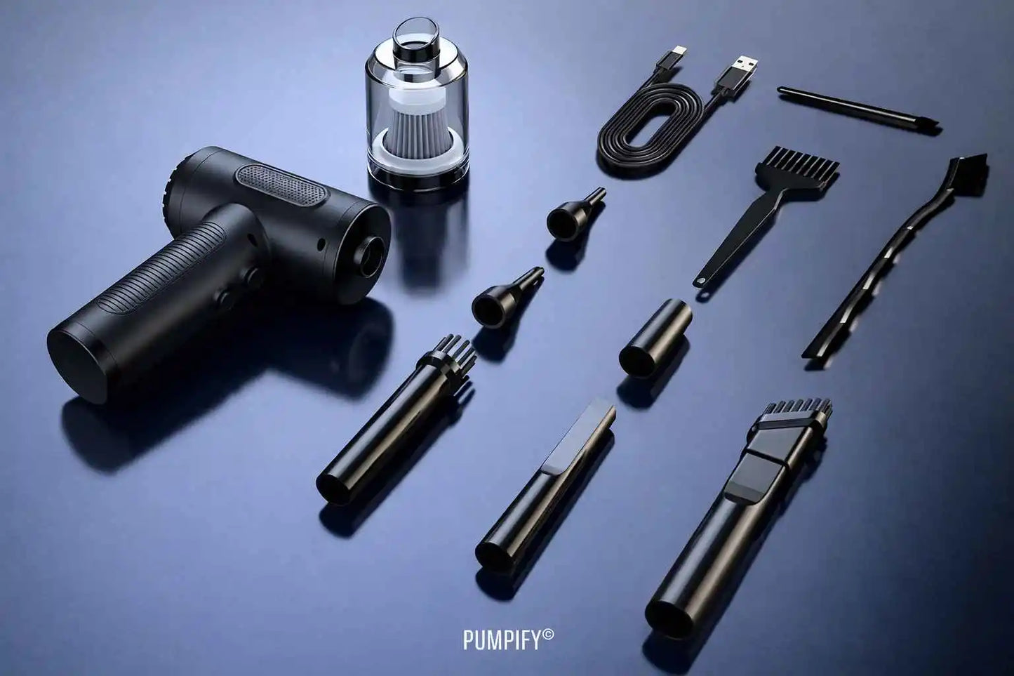 Set of grooming tools including a hair dryer, attachments, and other tools on a dark background with 'Pumpify' branding.
