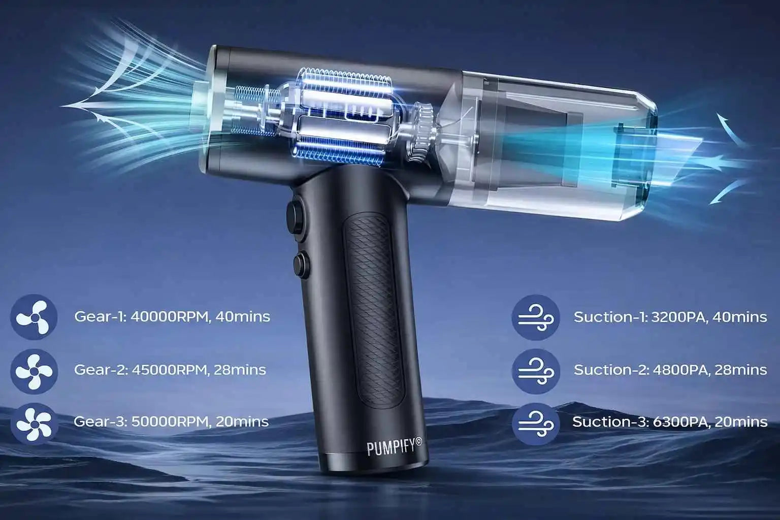 Pumpify handheld vacuum cleaner with suction and gear speed information on a blue background