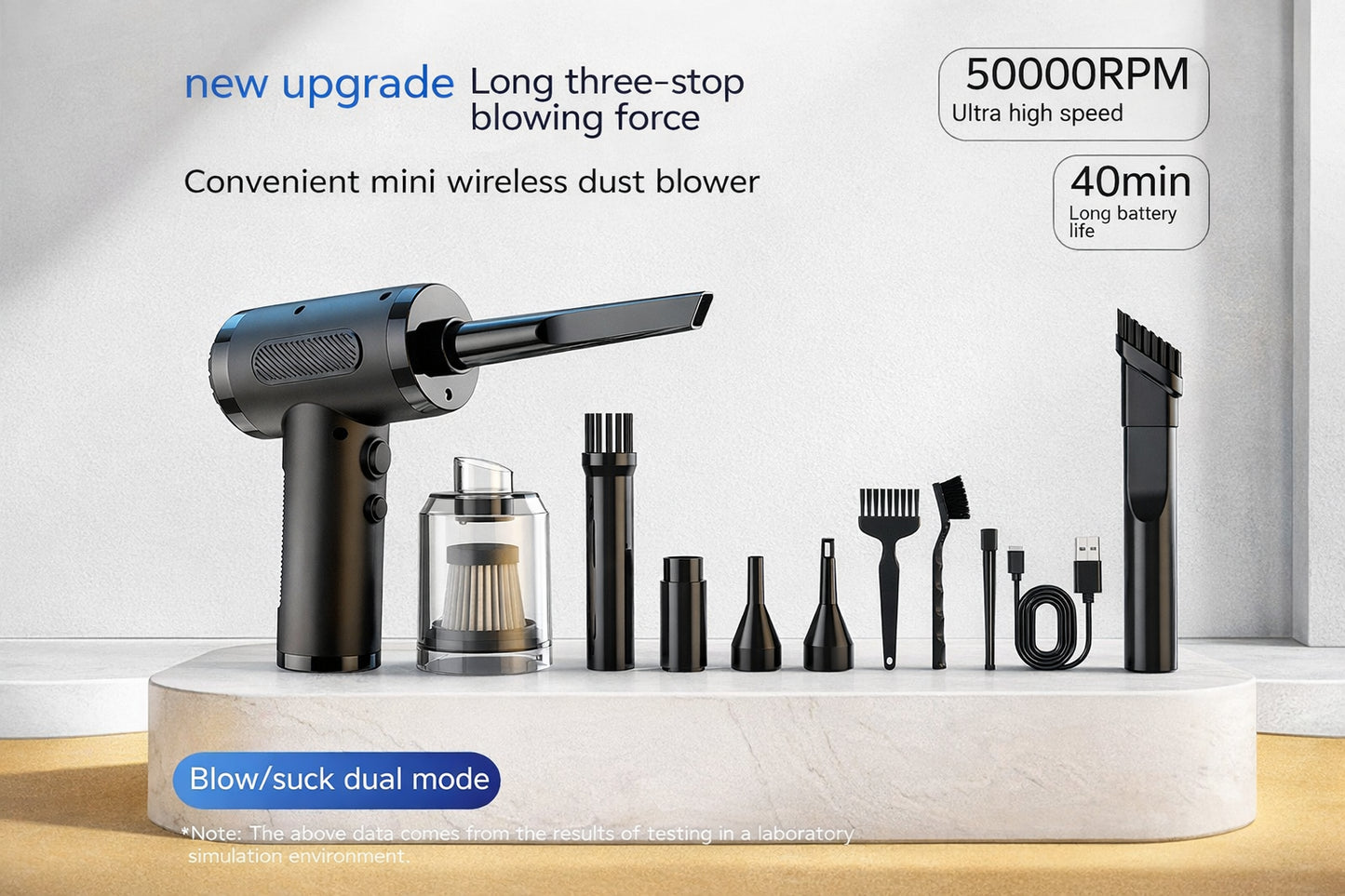 Mini wireless dust blower with attachments on a white background