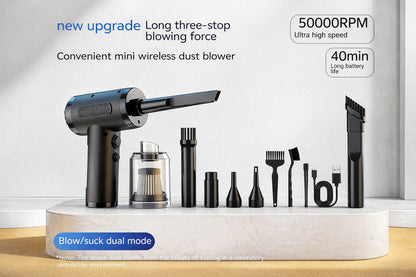Mini wireless dust blower with attachments on a white background