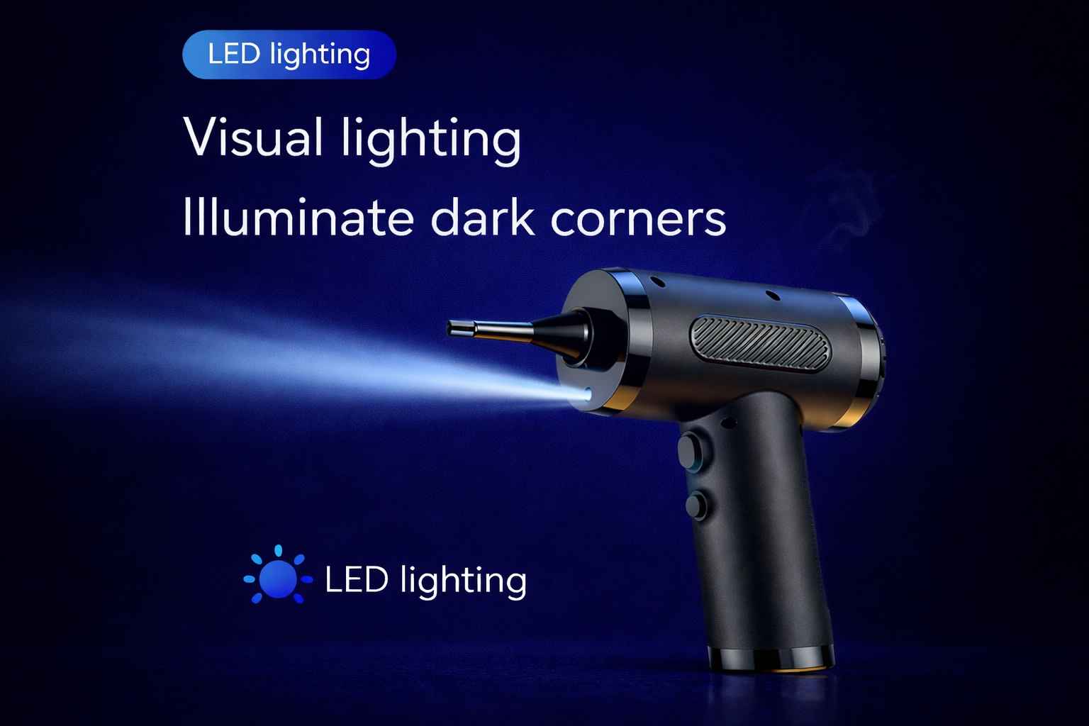 Black handheld tool with LED lighting on a dark background