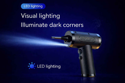 Black handheld tool with LED lighting on a dark background