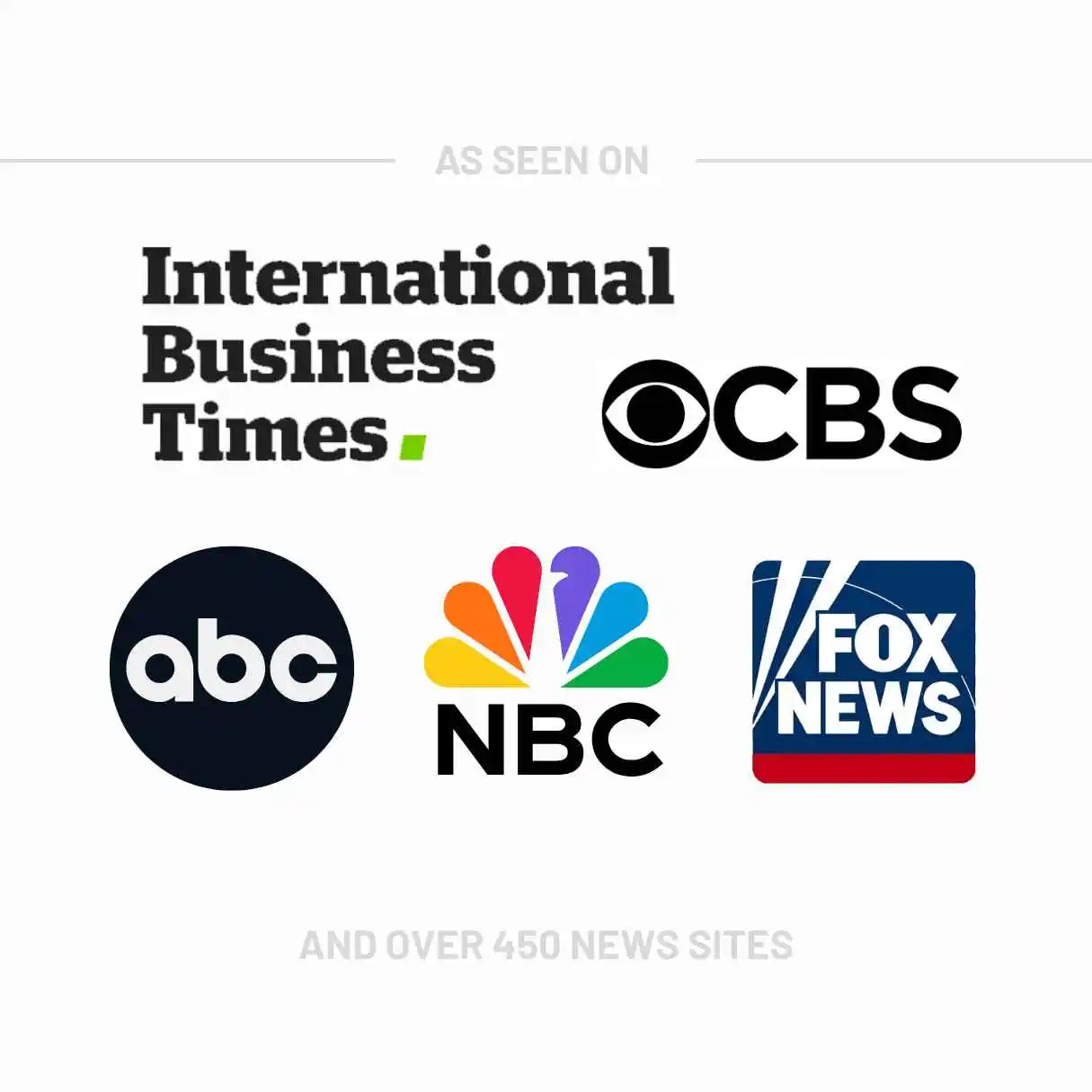 Logos of various news organizations including International Business Times, CBS, ABC, NBC, and Fox News on a white background.