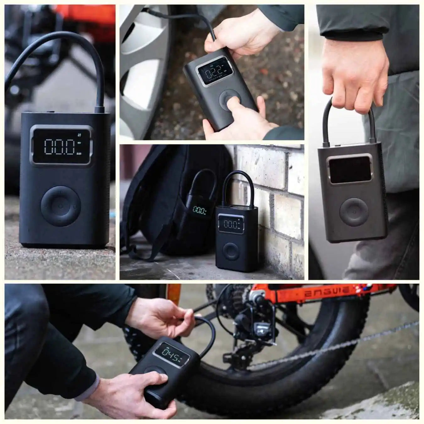 Collage of a portable air pump being used on a bicycle wheel.