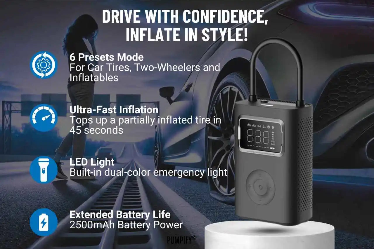 Digital air pump with features highlighted on a blurred road background