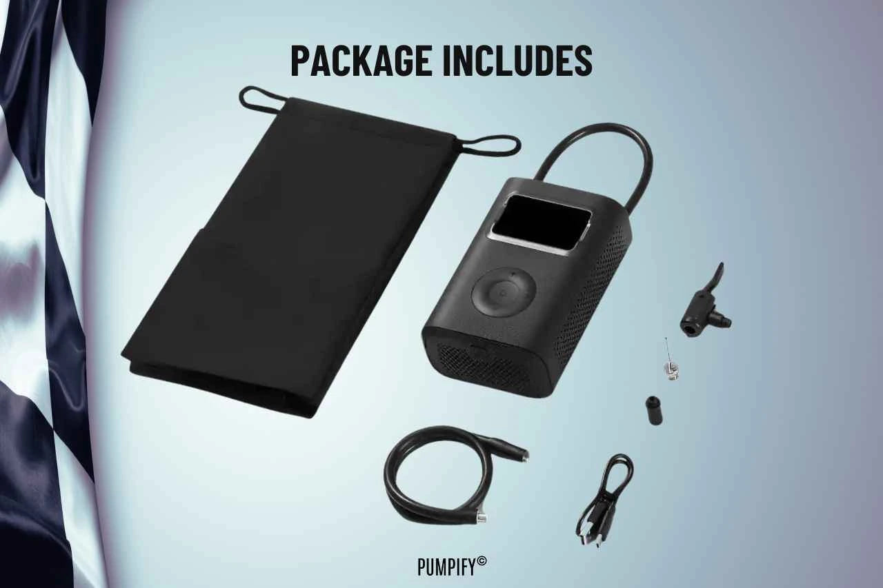 Pumpify product package with speaker, earbuds, cable, and pouch on a light blue background.