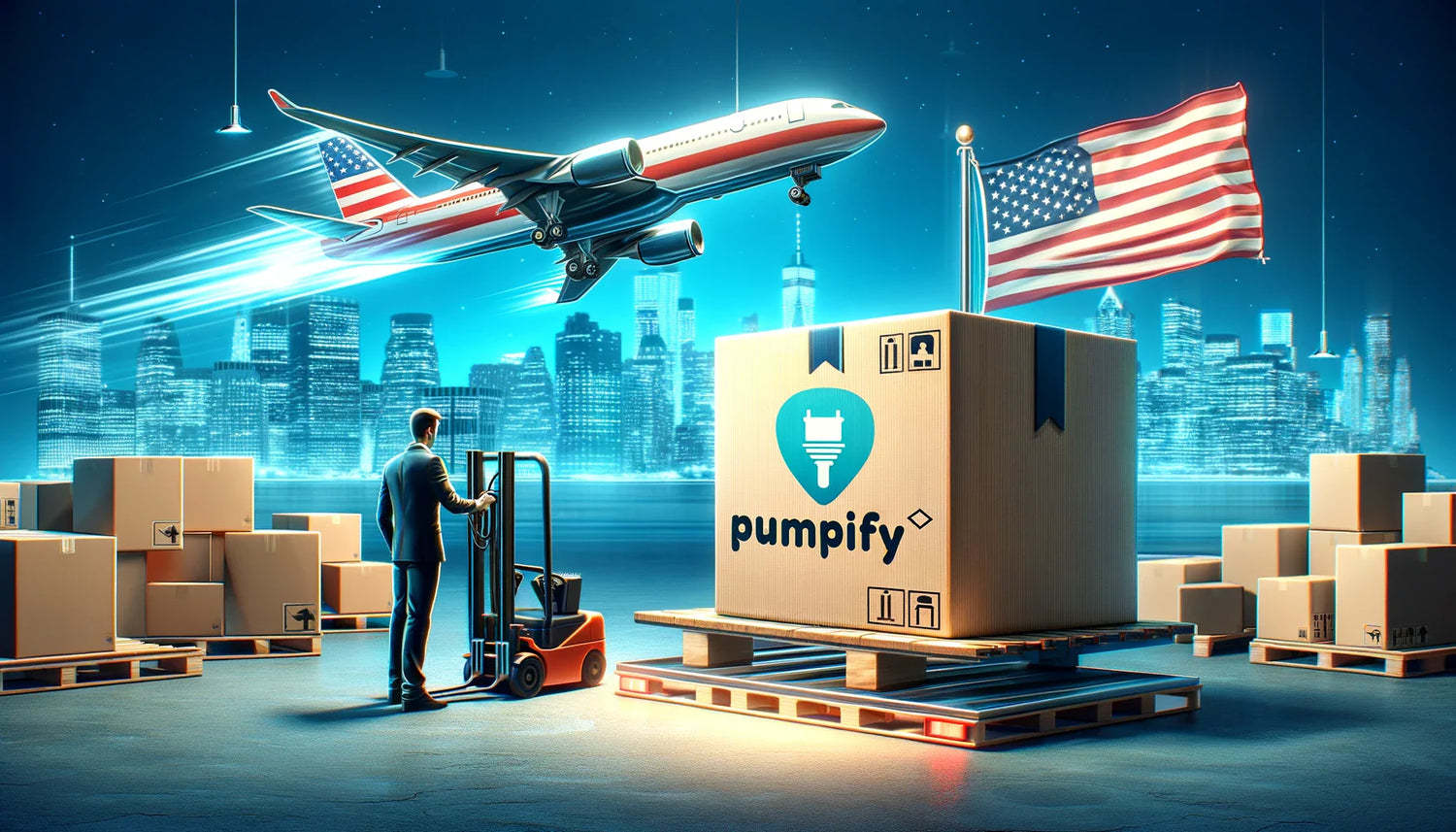 Man operating a forklift with a 'pumpify' branded box in an urban setting with an airplane and American flags.
