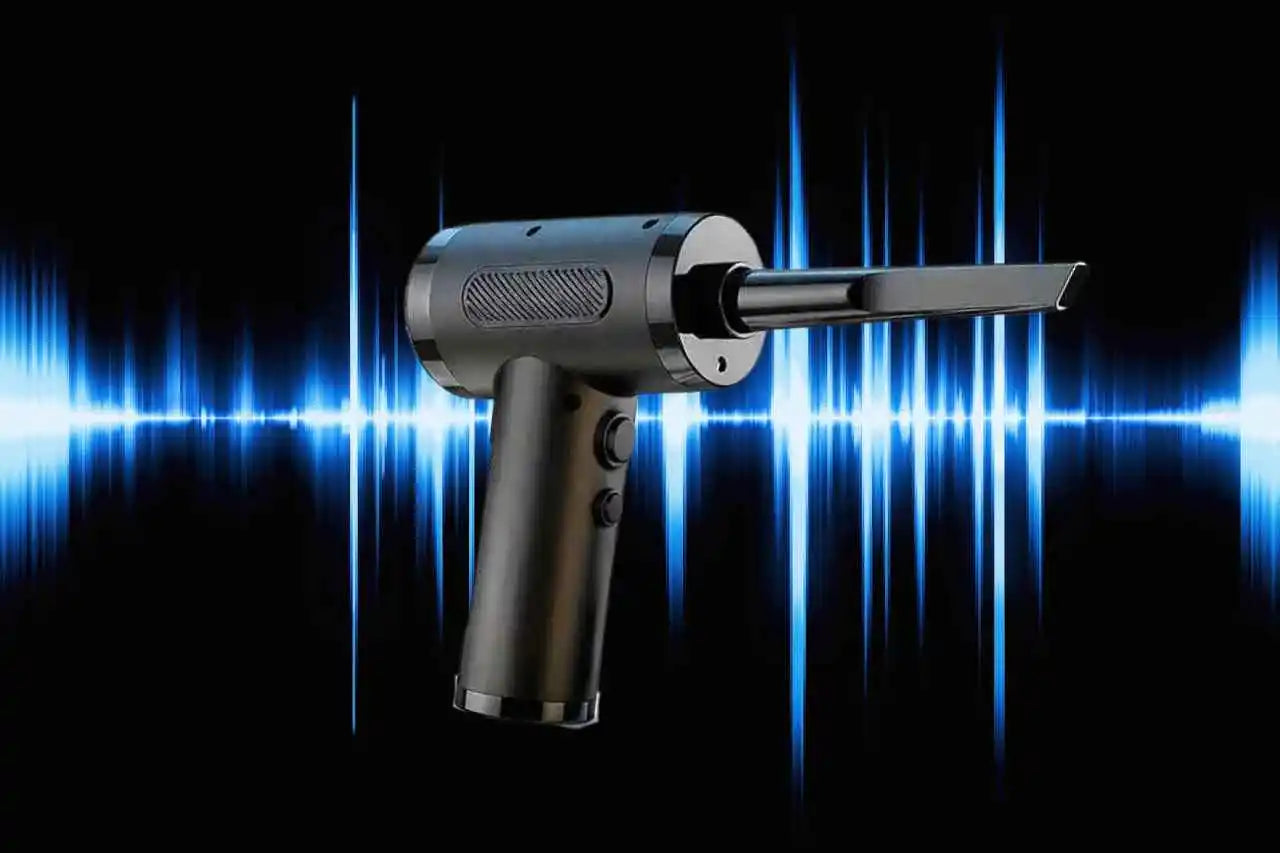 Black handheld device with a blue light effect on a black background