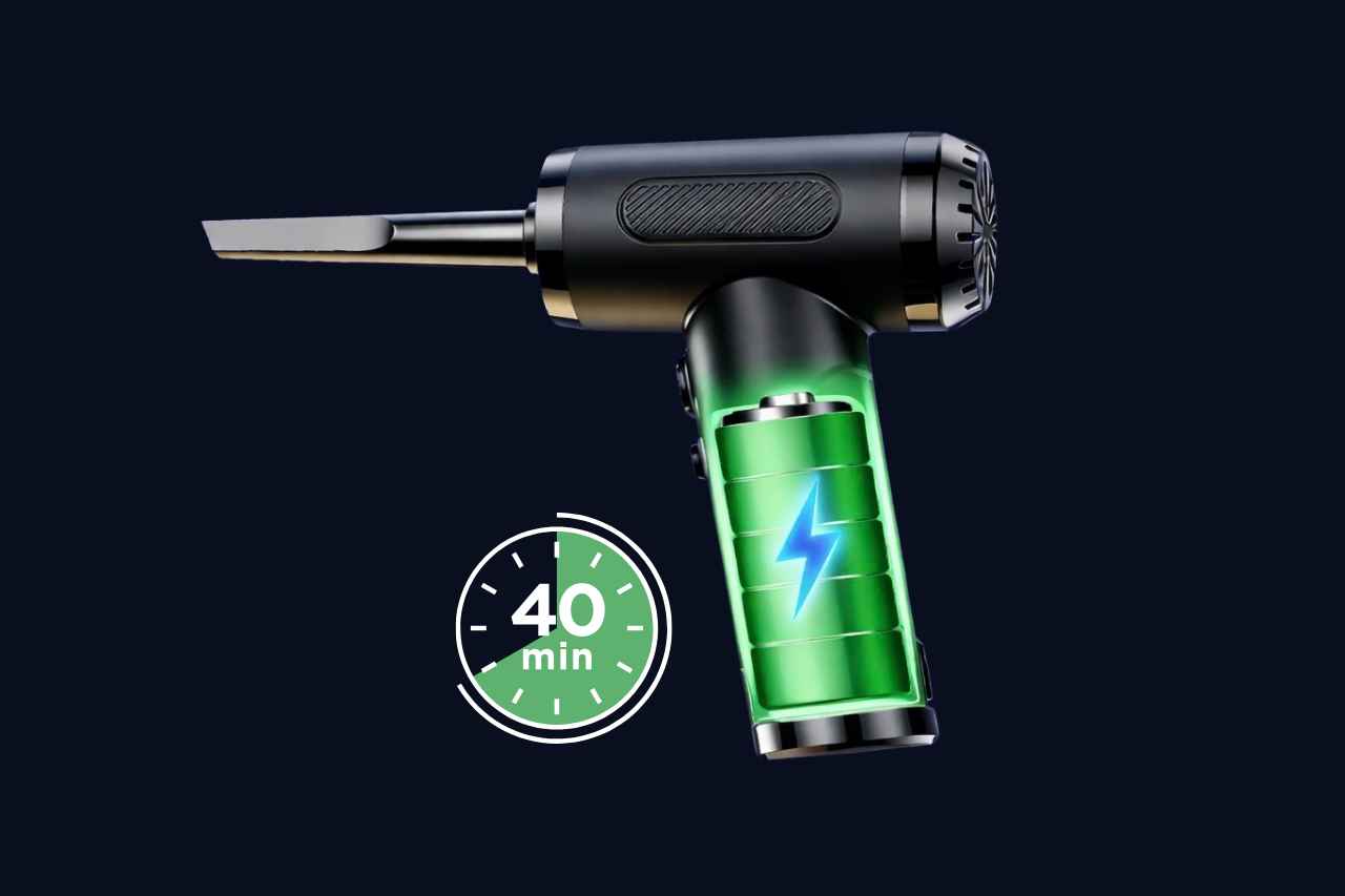 Black handheld tool with green battery pack and 40-minute timer icon on a black background