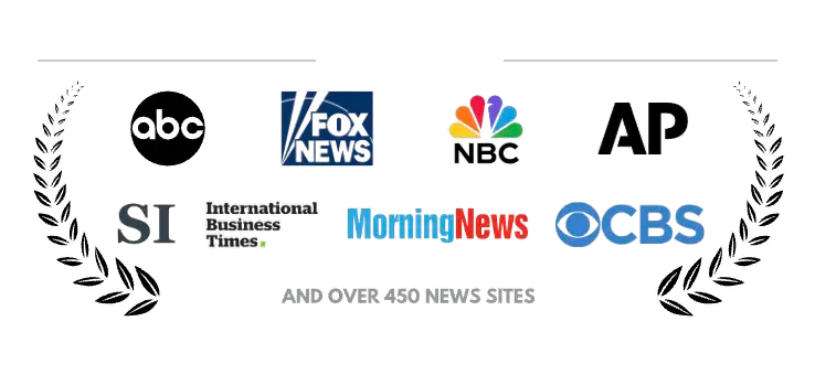 Logos of various news organizations including ABC, Fox News, NBC, AP, International Business Times, Morning News, and CBS on a white background.
